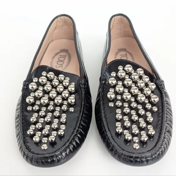 🌹 Tod's Black Leather Embellished Driving Slip On Loafers Size 37
