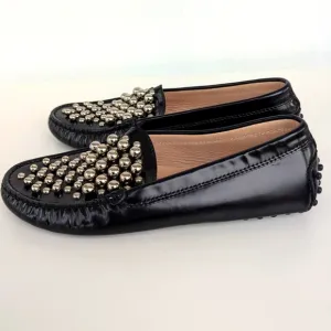 🌹 Tod's Black Leather Embellished Driving Slip On Loafers Size 37