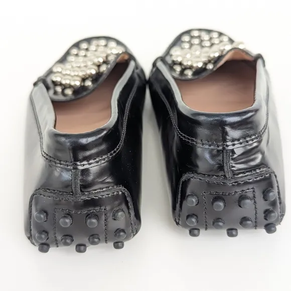 🌹 Tod's Black Leather Embellished Driving Slip On Loafers Size 37