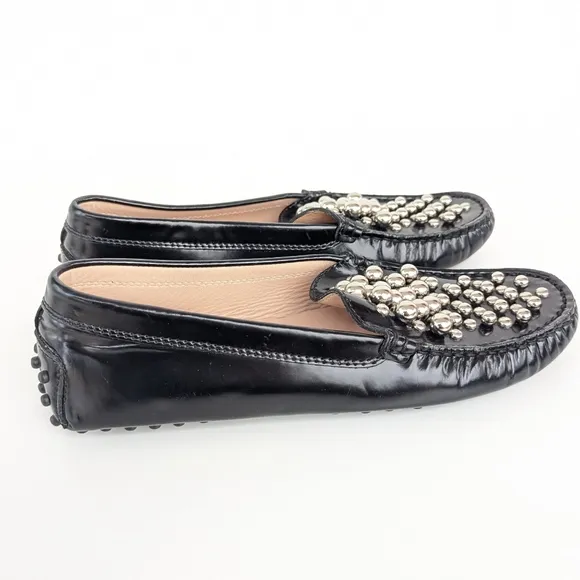 🌹 Tod's Black Leather Embellished Driving Slip On Loafers Size 37