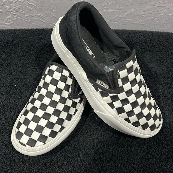 🔥🔥 VANS Black/White Checkered Slip-On Woven Platform Sneakers Women Sz 7.5 - E
