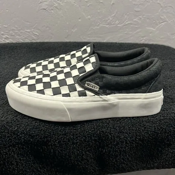 🔥🔥 VANS Black/White Checkered Slip-On Woven Platform Sneakers Women Sz 7.5 - E