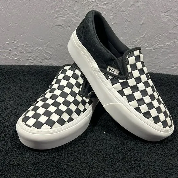 🔥🔥 VANS Black/White Checkered Slip-On Woven Platform Sneakers Women Sz 7.5 - E