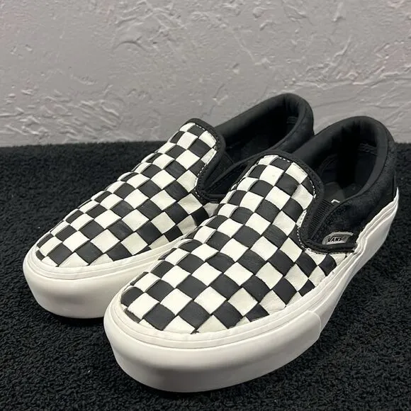 🔥🔥 VANS Black/White Checkered Slip-On Woven Platform Sneakers Women Sz 7.5 - E