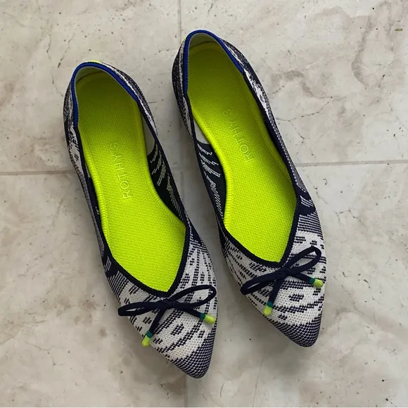 $180 Rothy's Navy White Botanical Bow Tie Pointed Toe Knit Ballet Flats size 7