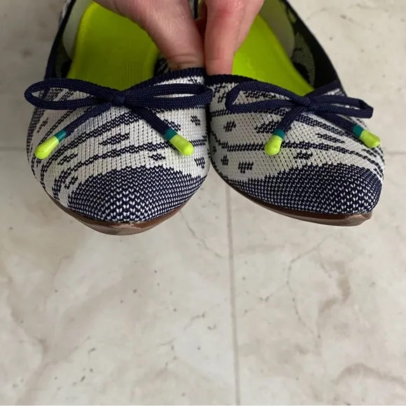 $180 Rothy's Navy White Botanical Bow Tie Pointed Toe Knit Ballet Flats size 7