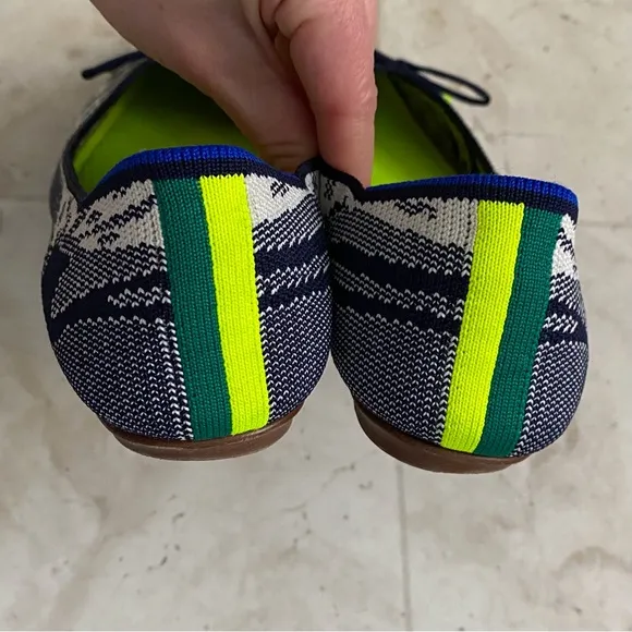 $180 Rothy's Navy White Botanical Bow Tie Pointed Toe Knit Ballet Flats size 7