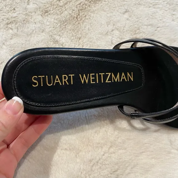 (6.5) Stuart Weitzman Leonita Black Smooth Calf Leather Slip-on Slide Sandals