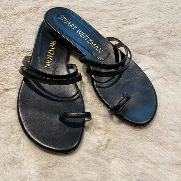 (6.5) Stuart Weitzman Leonita Black Smooth Calf Leather Slip-on Slide Sandals