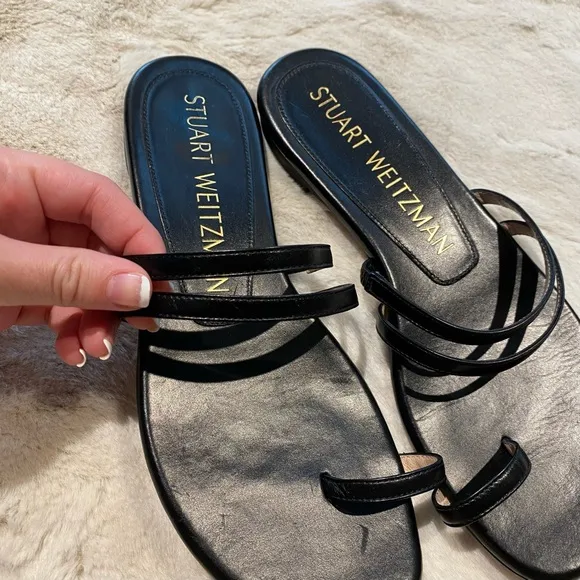 (6.5) Stuart Weitzman Leonita Black Smooth Calf Leather Slip-on Slide Sandals