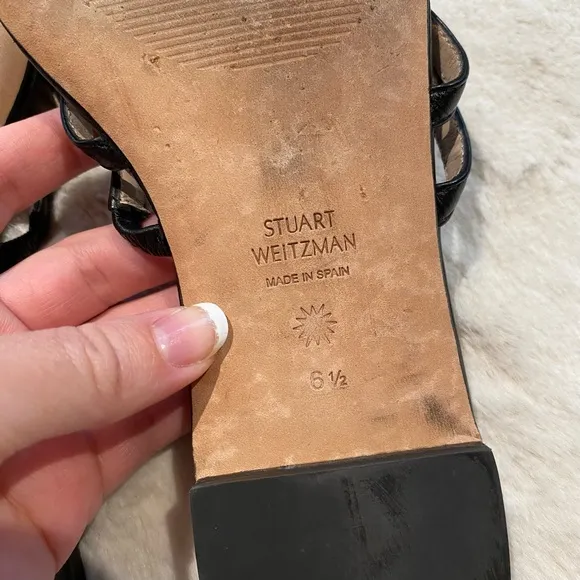 (6.5) Stuart Weitzman Leonita Black Smooth Calf Leather Slip-on Slide Sandals