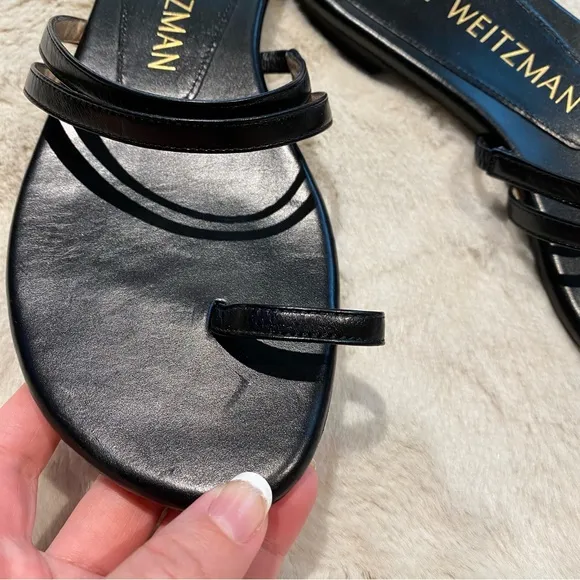 (6.5) Stuart Weitzman Leonita Black Smooth Calf Leather Slip-on Slide Sandals