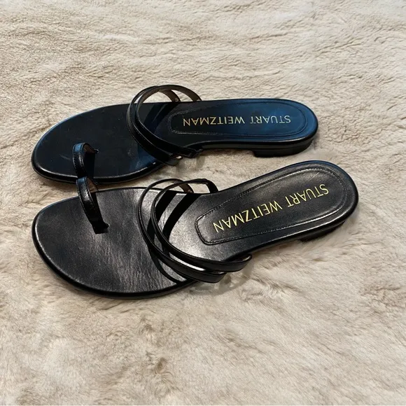 (6.5) Stuart Weitzman Leonita Black Smooth Calf Leather Slip-on Slide Sandals