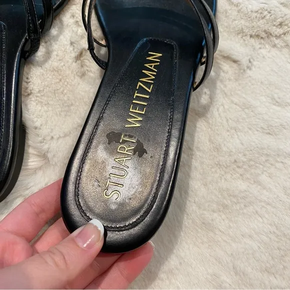 (6.5) Stuart Weitzman Leonita Black Smooth Calf Leather Slip-on Slide Sandals