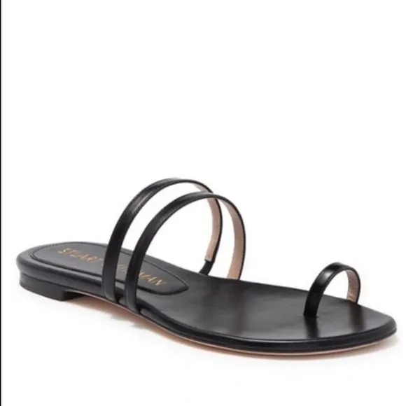(6.5) Stuart Weitzman Leonita Black Smooth Calf Leather Slip-on Slide Sandals