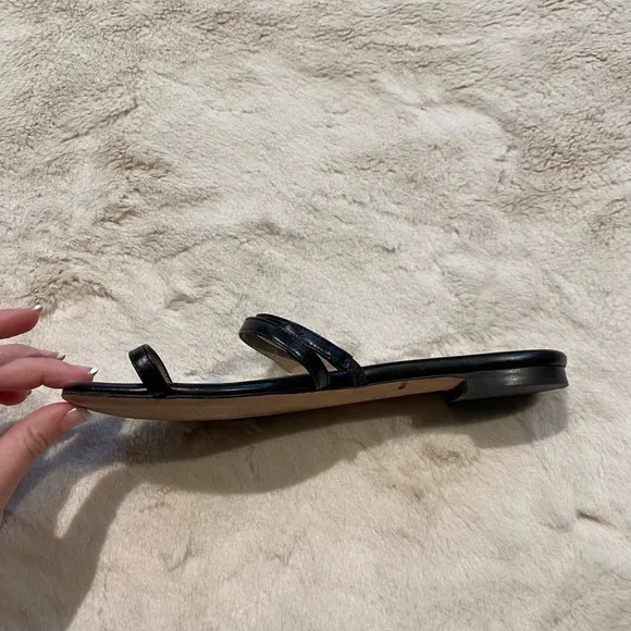 (6.5) Stuart Weitzman Leonita Black Smooth Calf Leather Slip-on Slide Sandals