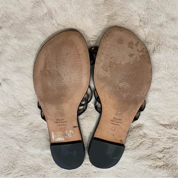 (6.5) Stuart Weitzman Leonita Black Smooth Calf Leather Slip-on Slide Sandals