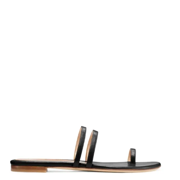 (6.5) Stuart Weitzman Leonita Black Smooth Calf Leather Slip-on Slide Sandals