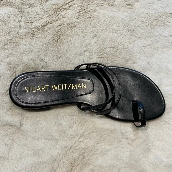 (6.5) Stuart Weitzman Leonita Black Smooth Calf Leather Slip-on Slide Sandals