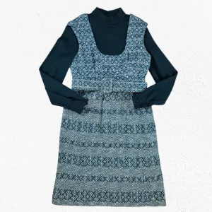 70s Vintage Green White Tweed Turtleneck Long Sleeve Knee Length Dess Size 6