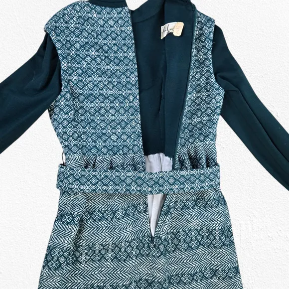 70s Vintage Green White Tweed Turtleneck Long Sleeve Knee Length Dess Size 6