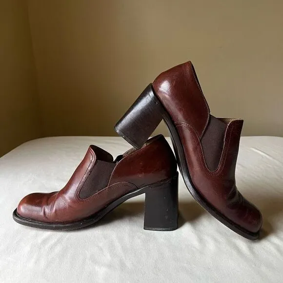 90s Vintage Block Heel Loafers Chestnut Brown Leather Slip On Square Toe Women 6