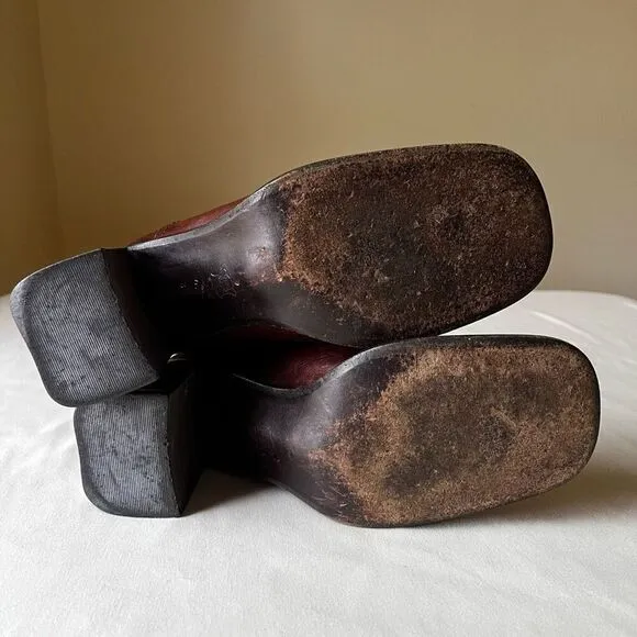 90s Vintage Block Heel Loafers Chestnut Brown Leather Slip On Square Toe Women 6