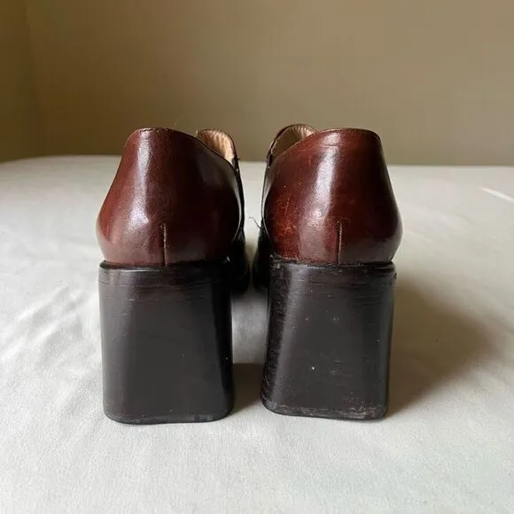 90s Vintage Block Heel Loafers Chestnut Brown Leather Slip On Square Toe Women 6