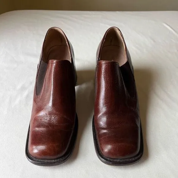 90s Vintage Block Heel Loafers Chestnut Brown Leather Slip On Square Toe Women 6