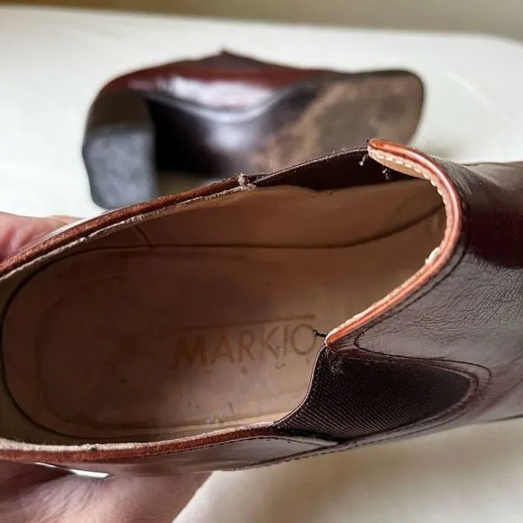 90s Vintage Block Heel Loafers Chestnut Brown Leather Slip On Square Toe Women 6