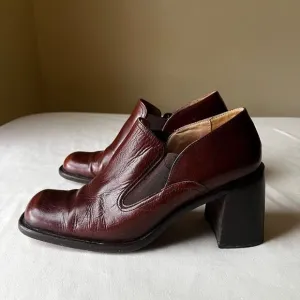 90s Vintage Block Heel Loafers Chestnut Brown Leather Slip On Square Toe Women 6