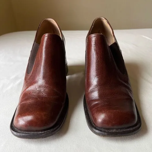 90s Vintage Block Heel Loafers Chestnut Brown Leather Slip On Square Toe Women 6