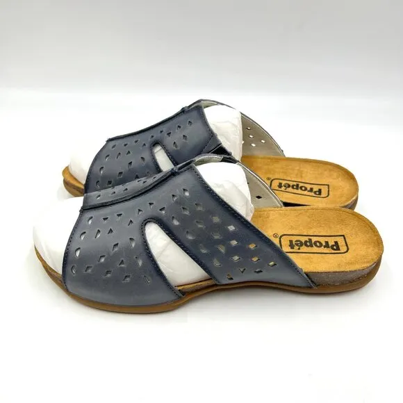 9D 9W 9 WIDE WIDTH Propet Fionna Blue Lasercut Leather Comfort Sandals Shoes