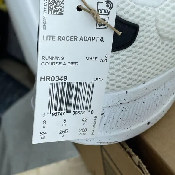 Adidas Men's Lite Racer Adapt 4.0 Running Shoe, White/White/Black, 8.5 NWOB S103