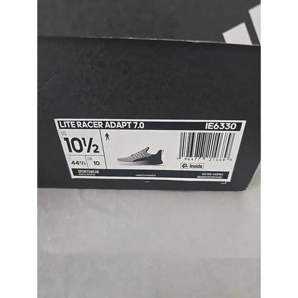 ADIDAS Men's Lite Racer Adapt 7.0 Running Sneakers 10.5 Slip On Black White