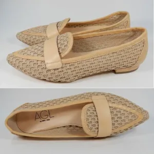 AGL Blanca Plots Pointed Toe Loafers Flats Size 9.5 Woven Leather Trim Beige NEW