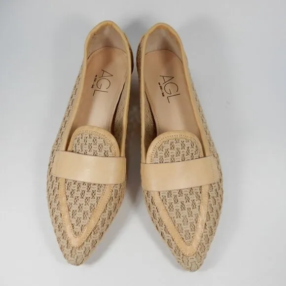 AGL Blanca Plots Pointed Toe Loafers Flats Size 9.5 Woven Leather Trim Beige NEW