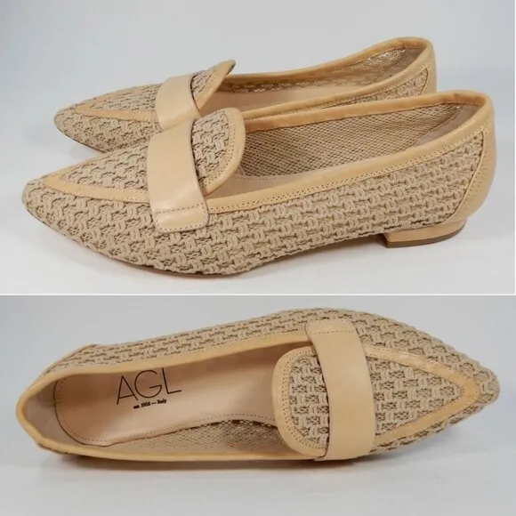 AGL Blanca Plots Pointed Toe Loafers Flats Size 9.5 Woven Leather Trim Beige NEW