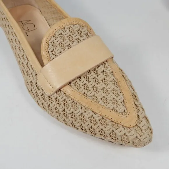 AGL Blanca Plots Pointed Toe Loafers Flats Size 9.5 Woven Leather Trim Beige NEW
