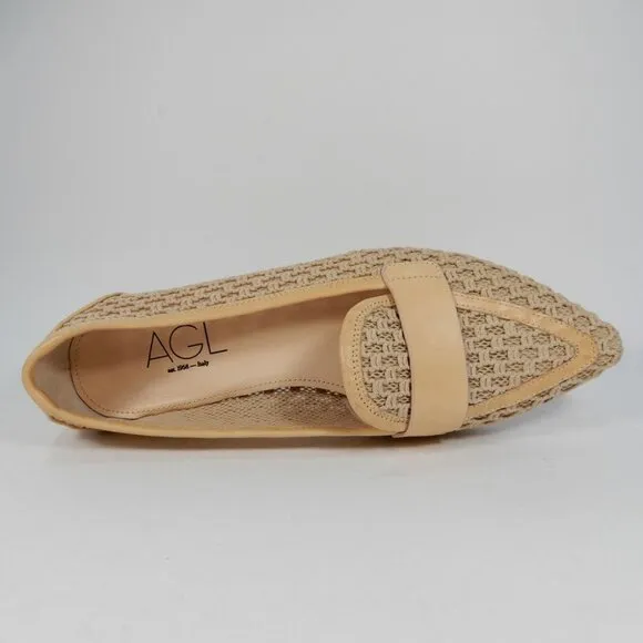 AGL Blanca Plots Pointed Toe Loafers Flats Size 9.5 Woven Leather Trim Beige NEW