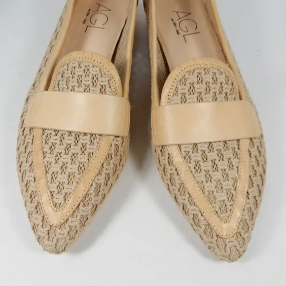 AGL Blanca Plots Pointed Toe Loafers Flats Size 9.5 Woven Leather Trim Beige NEW