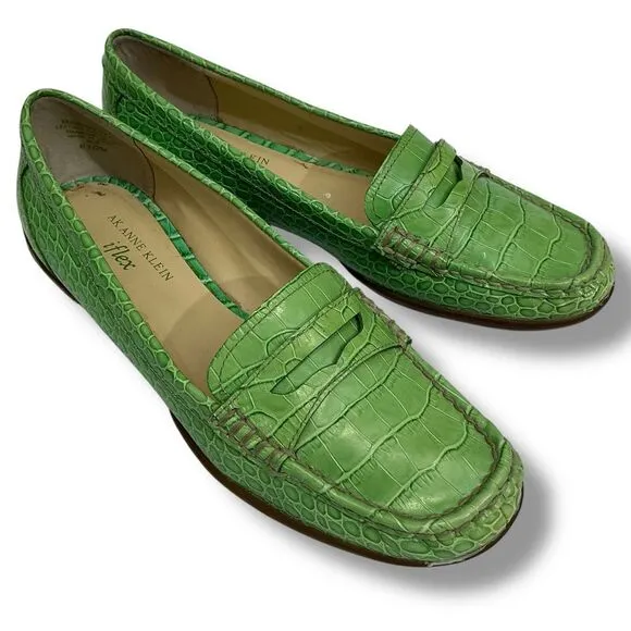 AK Anne Klein iflex MASIGYNFF Green Crocodile Alligator Embossed Leather Loafers