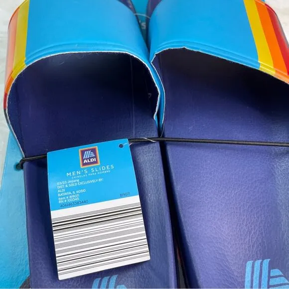 Aldi Men's Slides in size 11 Navy Soles Turquoise Upper with Stripe