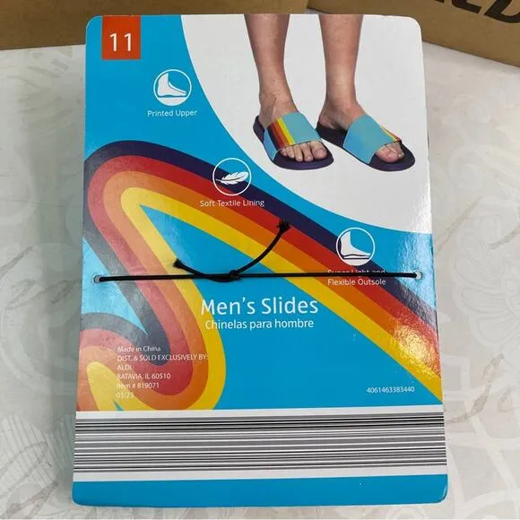 Aldi Men's Slides in size 11 Navy Soles Turquoise Upper with Stripe