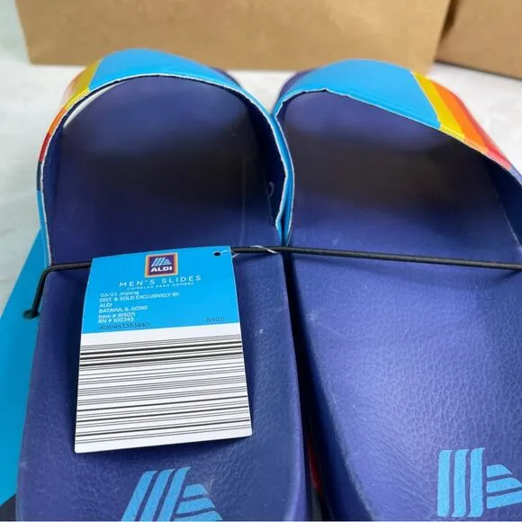 Aldi Men's Slides in size 11 Navy Soles Turquoise Upper with Stripe