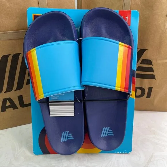 Aldi Men's Slides in size 11 Navy Soles Turquoise Upper with Stripe