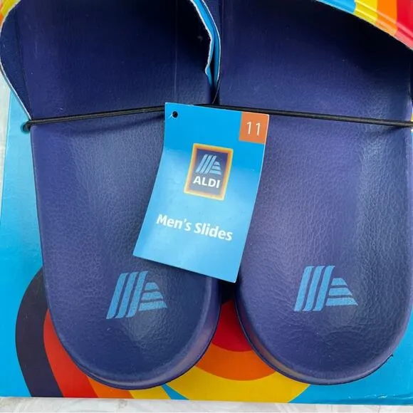 Aldi Men's Slides in size 11 Navy Soles Turquoise Upper with Stripe