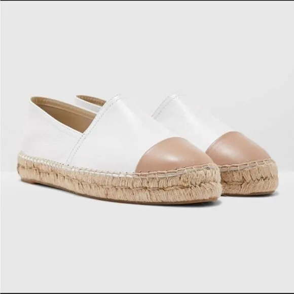 ALDO Leather Slip-On Espadrilles Shoes Made In Spain White Tan 8.5