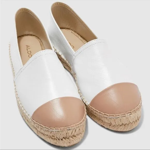 ALDO Leather Slip-On Espadrilles Shoes Made In Spain White Tan 8.5