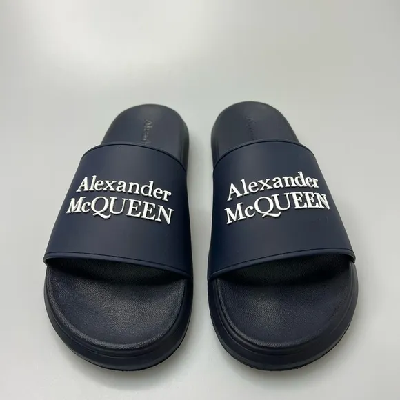 Alexander McQueen Logo Wedge Pool Slides Navy Blue Men’s EU 41/US 8 $280